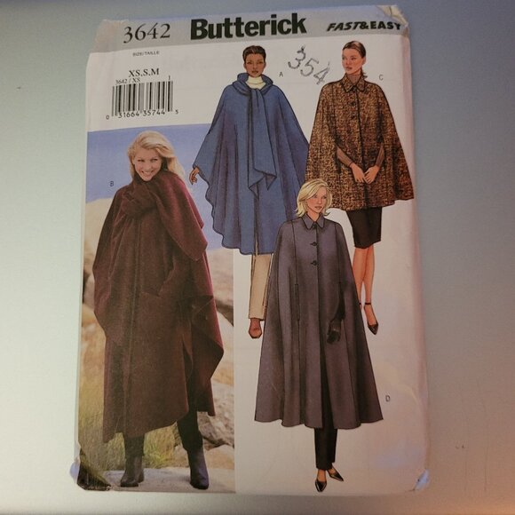 VINTAGE Butterick 3642 Misses Short and Long Capes Sewing Pattern Misses XS-S-M - Picture 1 of 4